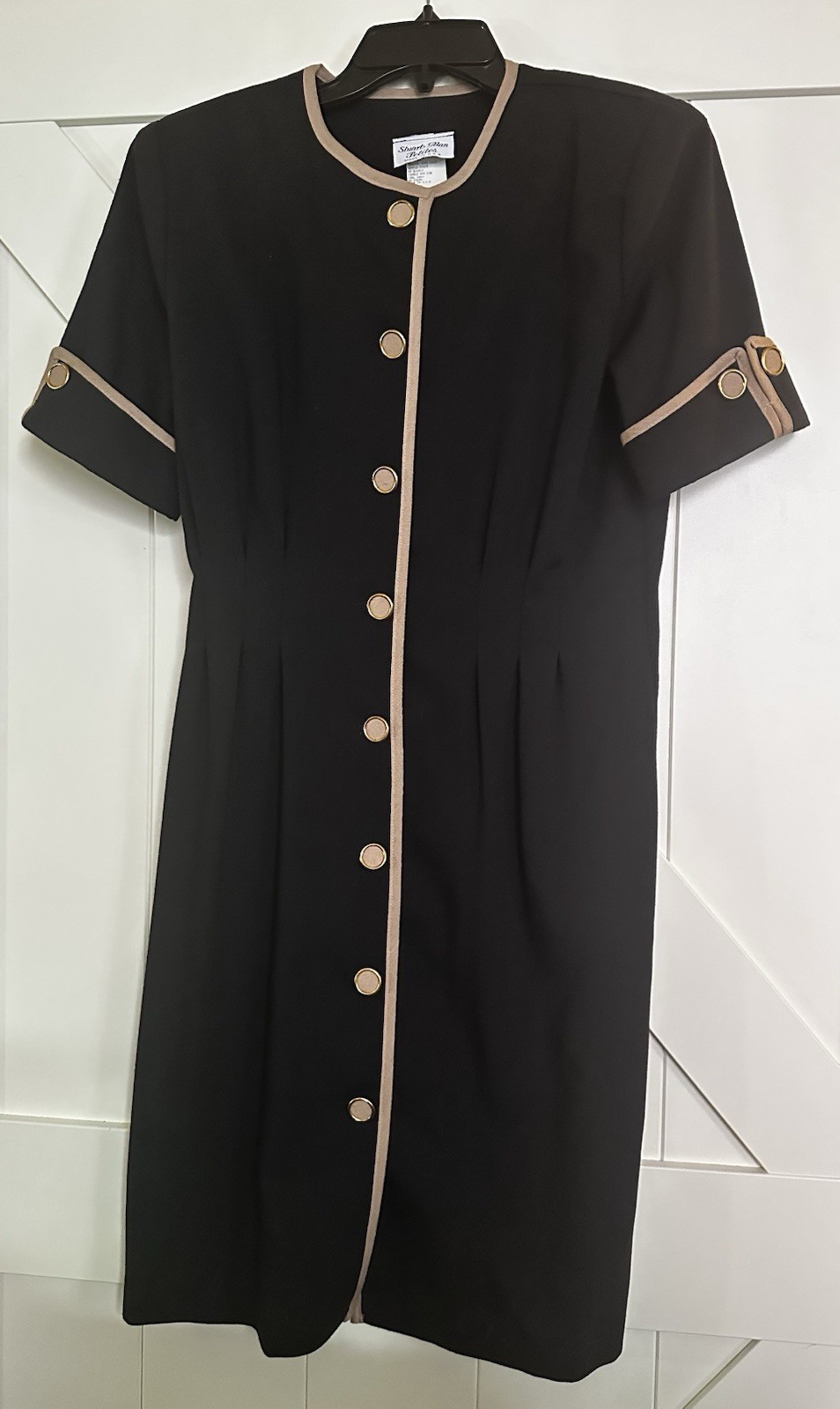 Vintage Stuart Alan Women’s 10 Petite Sheath Button Dress Black Shoulder Pads EC