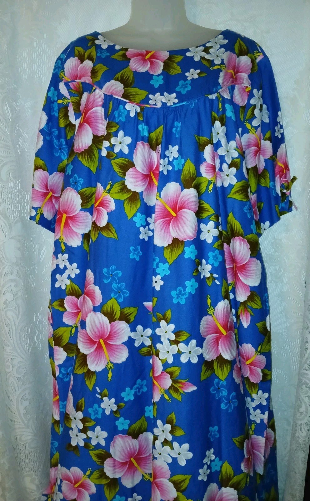Vintage 60s Ui-Maikai Blue Hawaiian Pink Hibiscus Cotton Muumuu Dress XL Tiki O