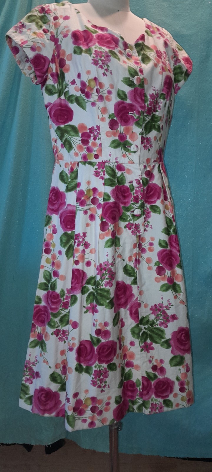 Vtg 50s Cotton Floral ROSE Button Rockabilly Casual Day Pin Up Marilyn Dress M L