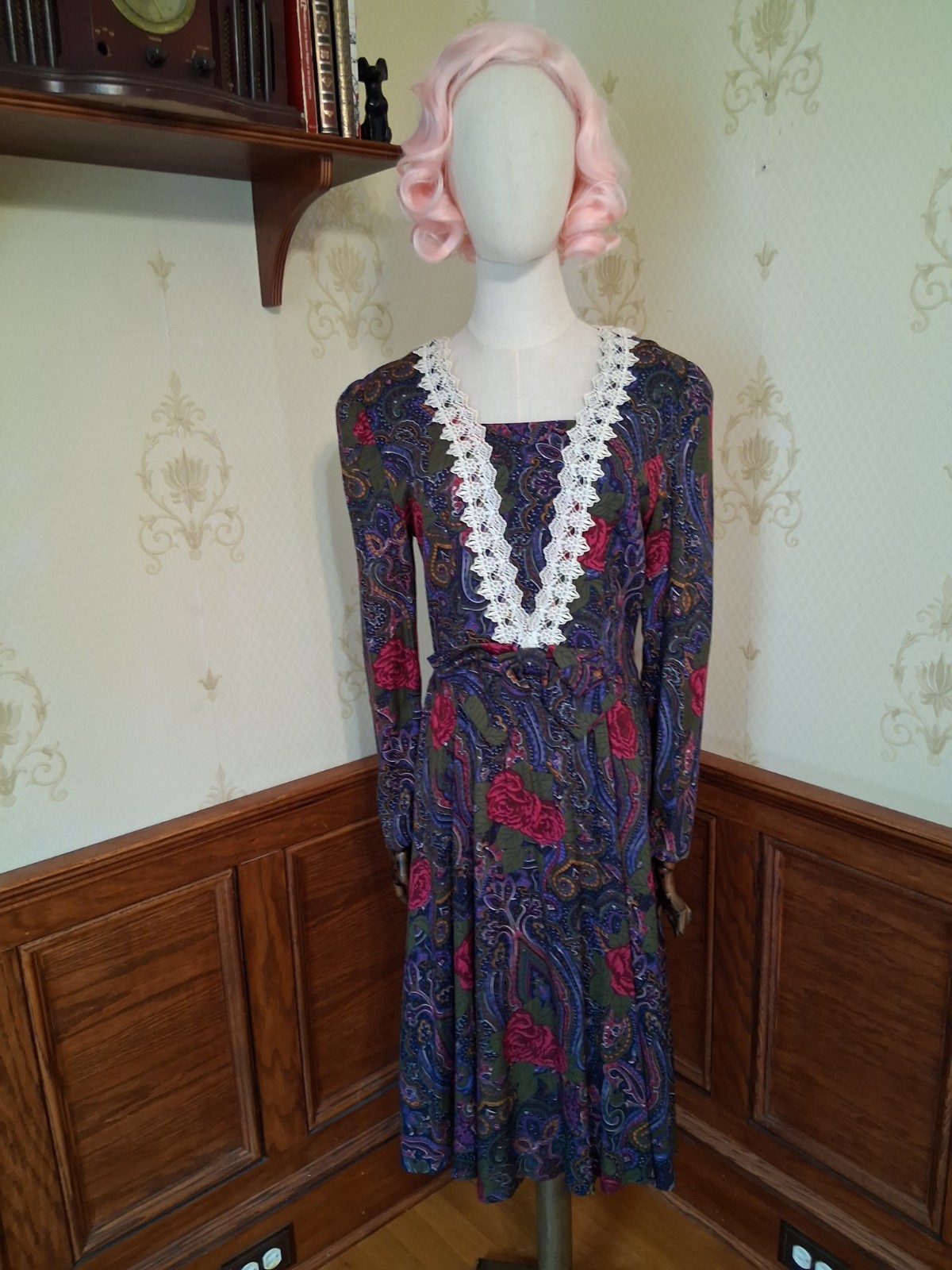 Vintage 1980s Betsey’s Closet Purple Paisley Rose Puff Sleeve Cottagecore Dress