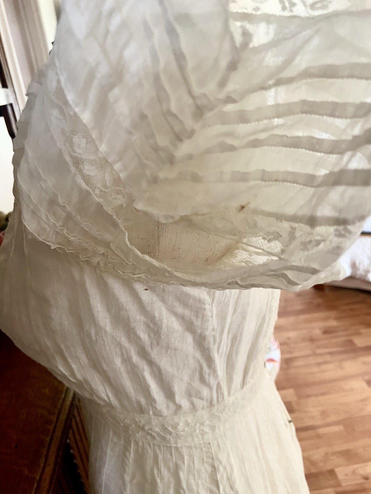 1907 Antique Embroidered Edwardian Era White Muslin Lace Dress “Hazel Slifir” 13