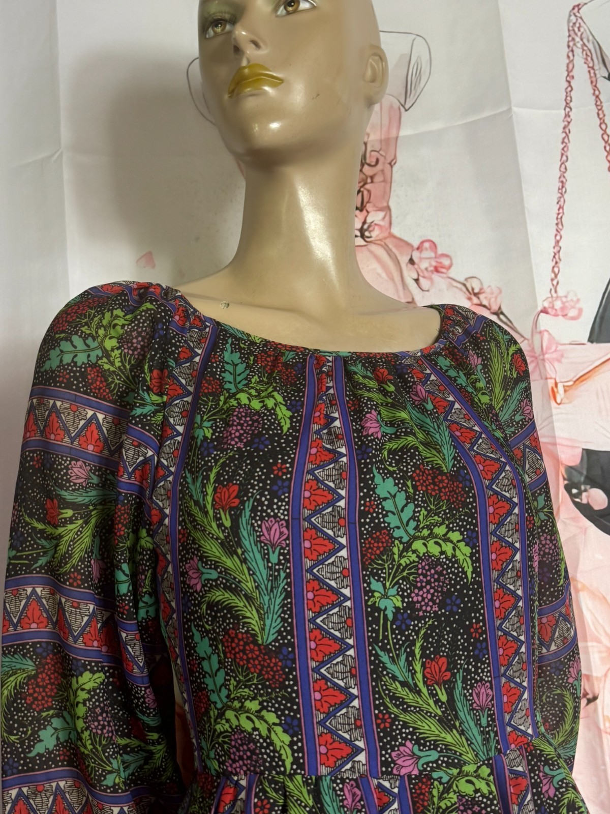 Vintage 70s Boho Maxi Dress Hippie Festival Dress Tricel XS S Floral