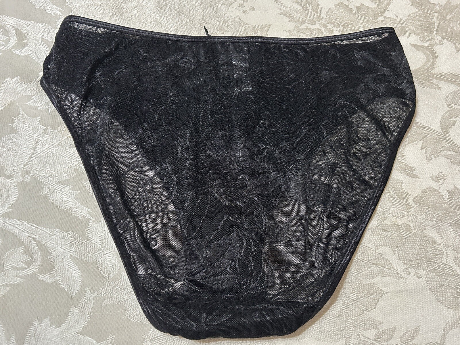 Vtg DELTA BURKE 9443 Leaves Mesh Lace HI-Leg 9/2X Black Brief Panties #103