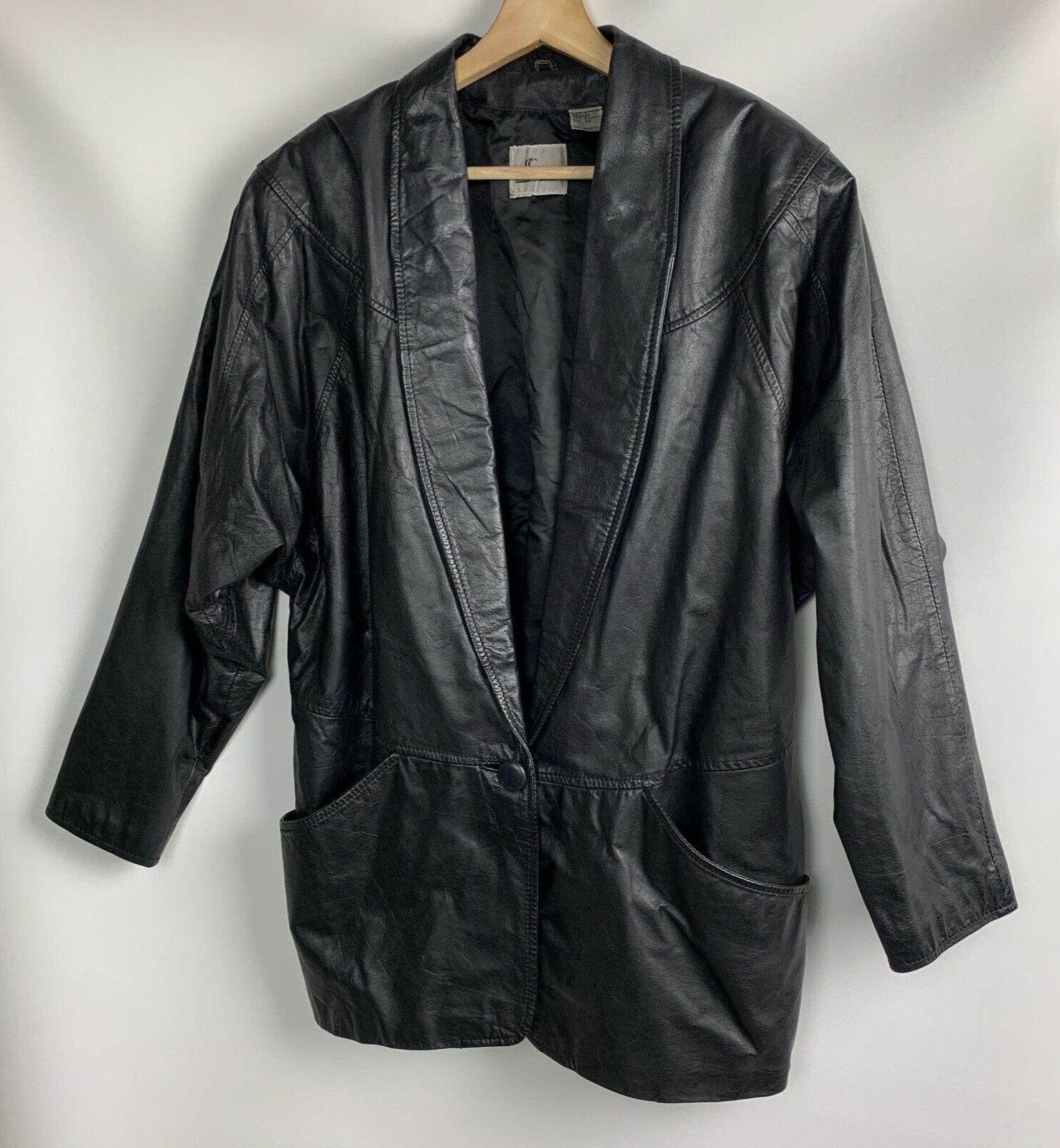 CC Hughes Vintage Jacket Black Leather Collared 1-Button Pockets Lined Size M