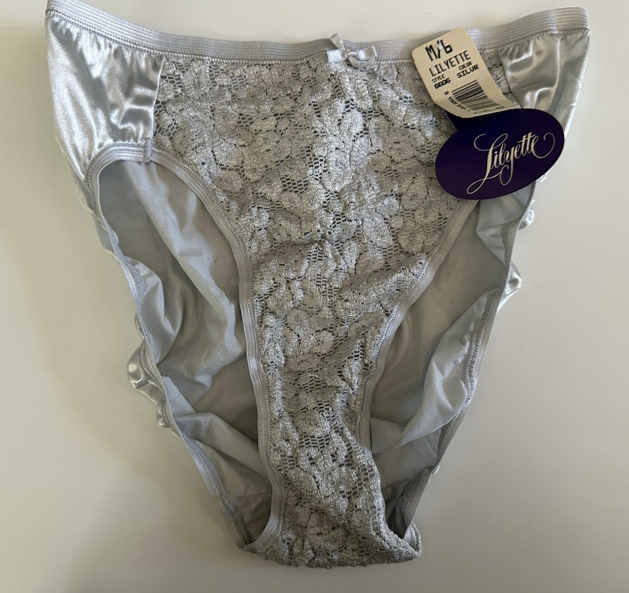 Vintage Cabernet Lilyette Shiny Satin & Lace Silver High Cut Panties Size M/6