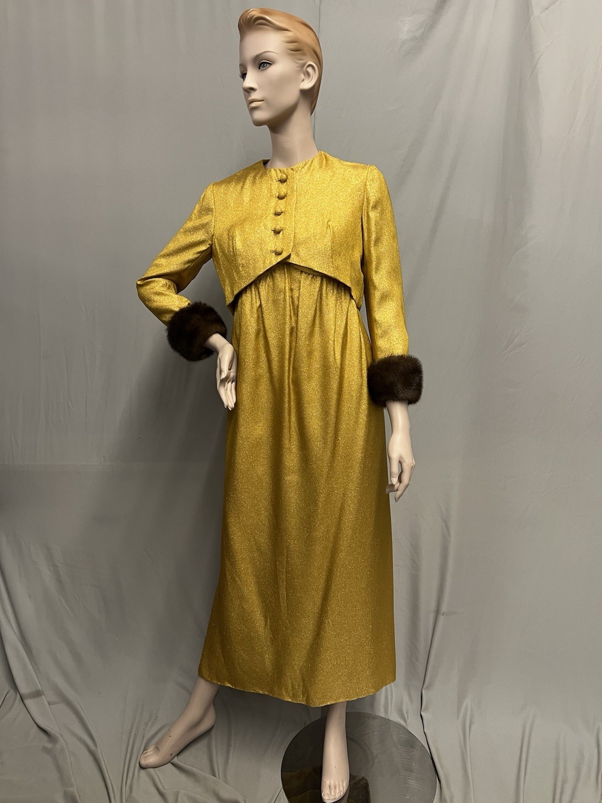 1960’s Sophisticated Gold Lame Evening Gown & Mink Trimmed Bolero