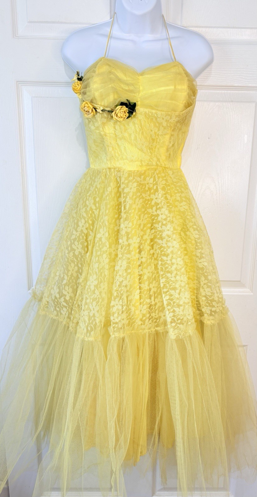 Vtg 50s Canary Yellow Shelf Bust Tulle Halter Prom Party Dress With Flowers ~6