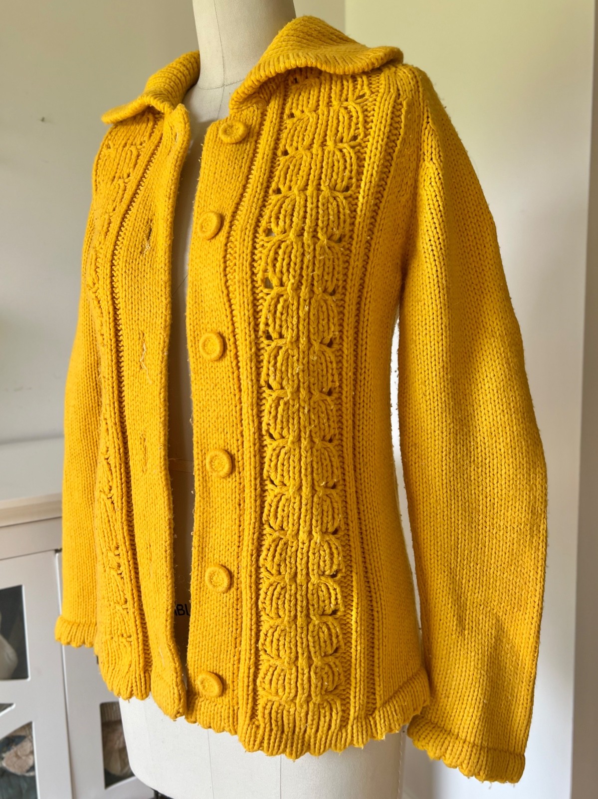 Vintage Hand Knit Mustard Yellow Button Up Sweater Chunky Cardigan