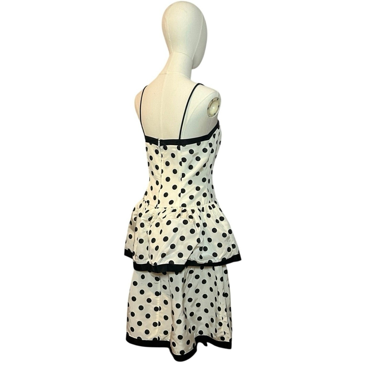 VTG 80s Stop Staring! Polka Dot B&W Medium Tiered Drop Waist Dress Rockabilly