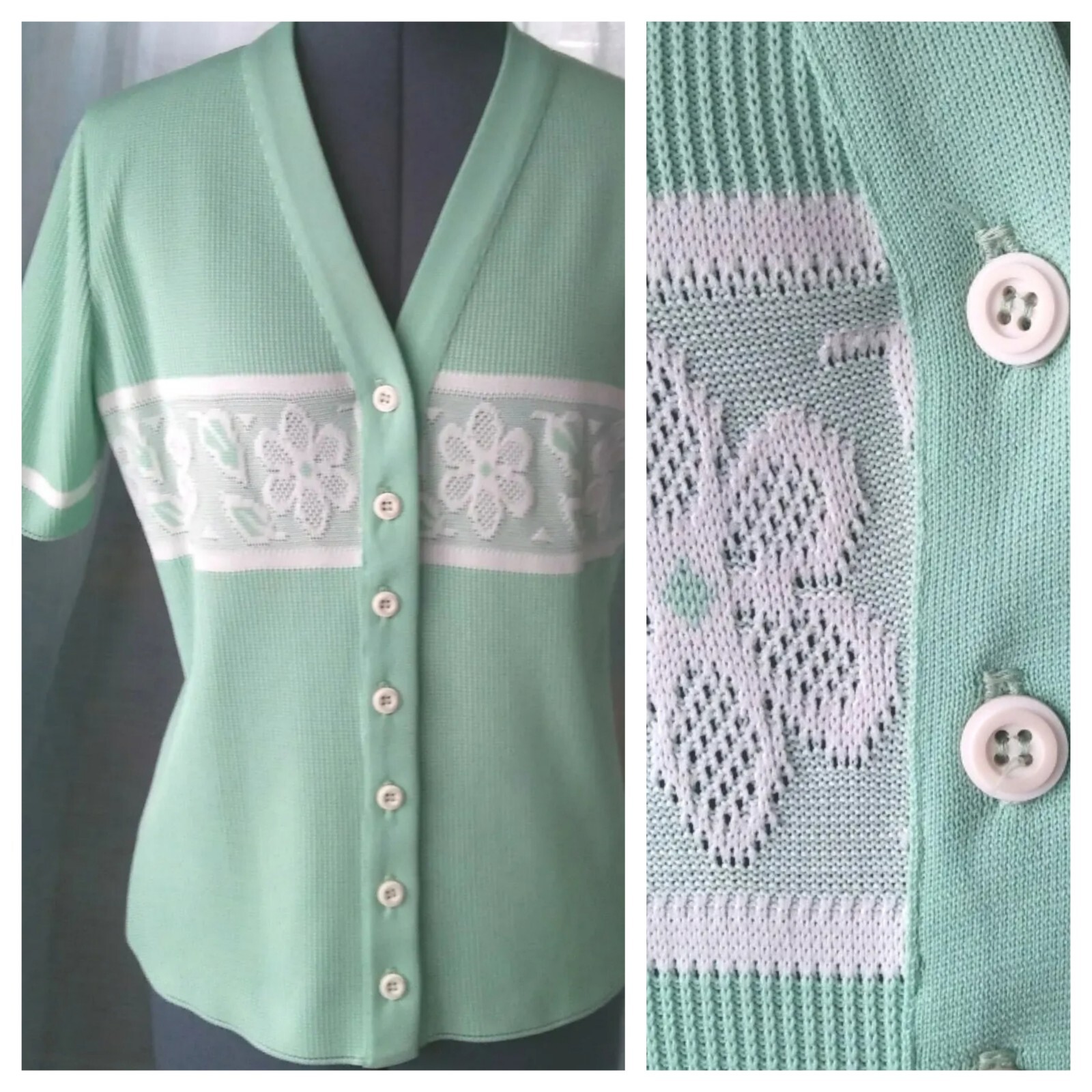 Vtg James Kenrob Mint Grandmacore Cardigan w White Floral Design Stripe Size M/L