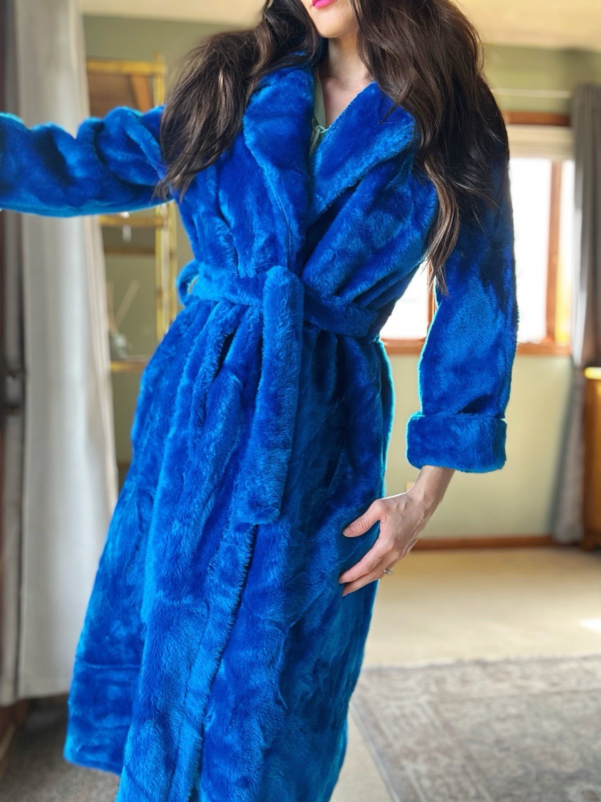 Vintage 1970’s Blue Faux Fur Wrap Robe Mod Gogo Glam