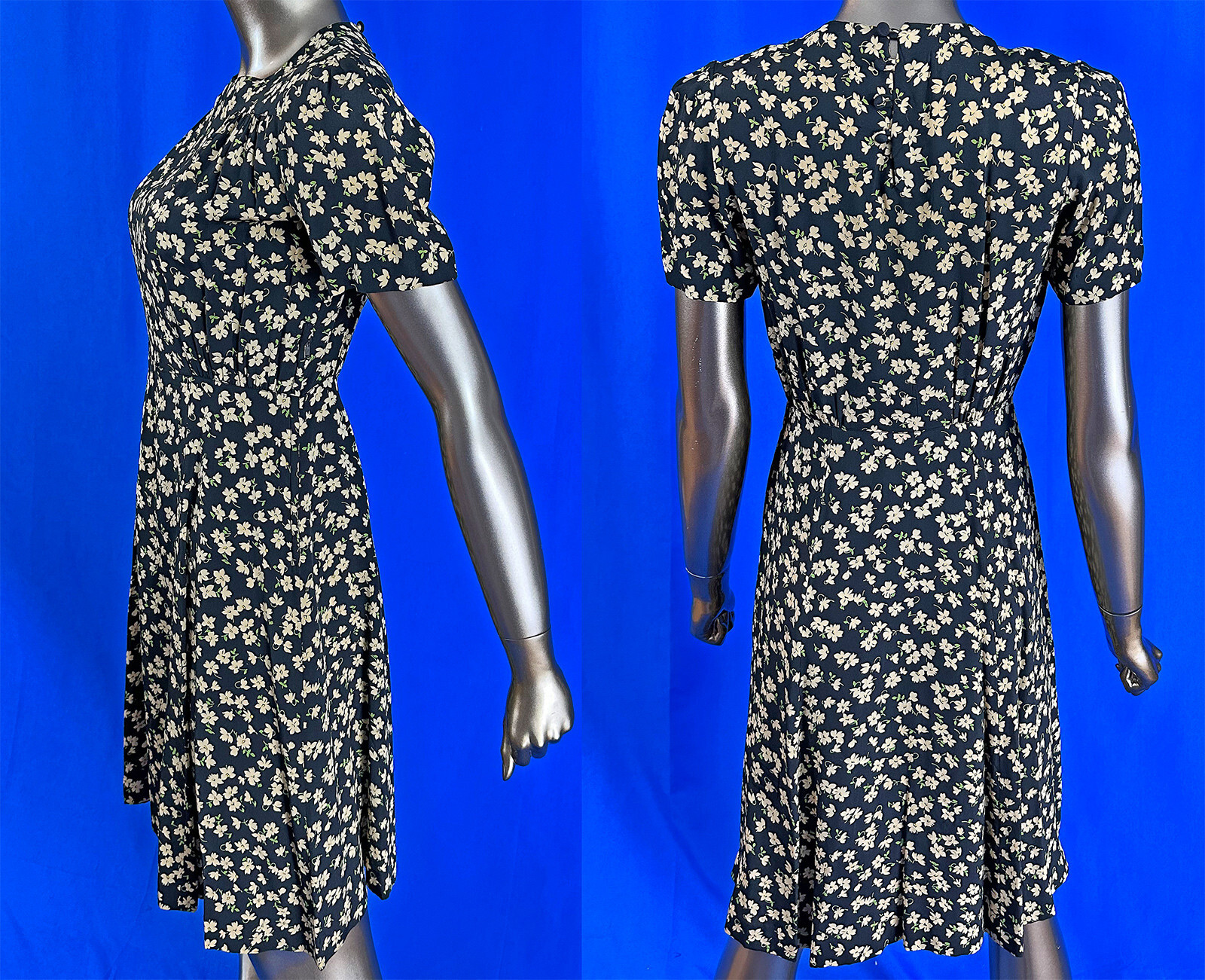 Vintage 1940s Black Silk Crepe White Jasmine Flower Print Swing Skirt Dress
