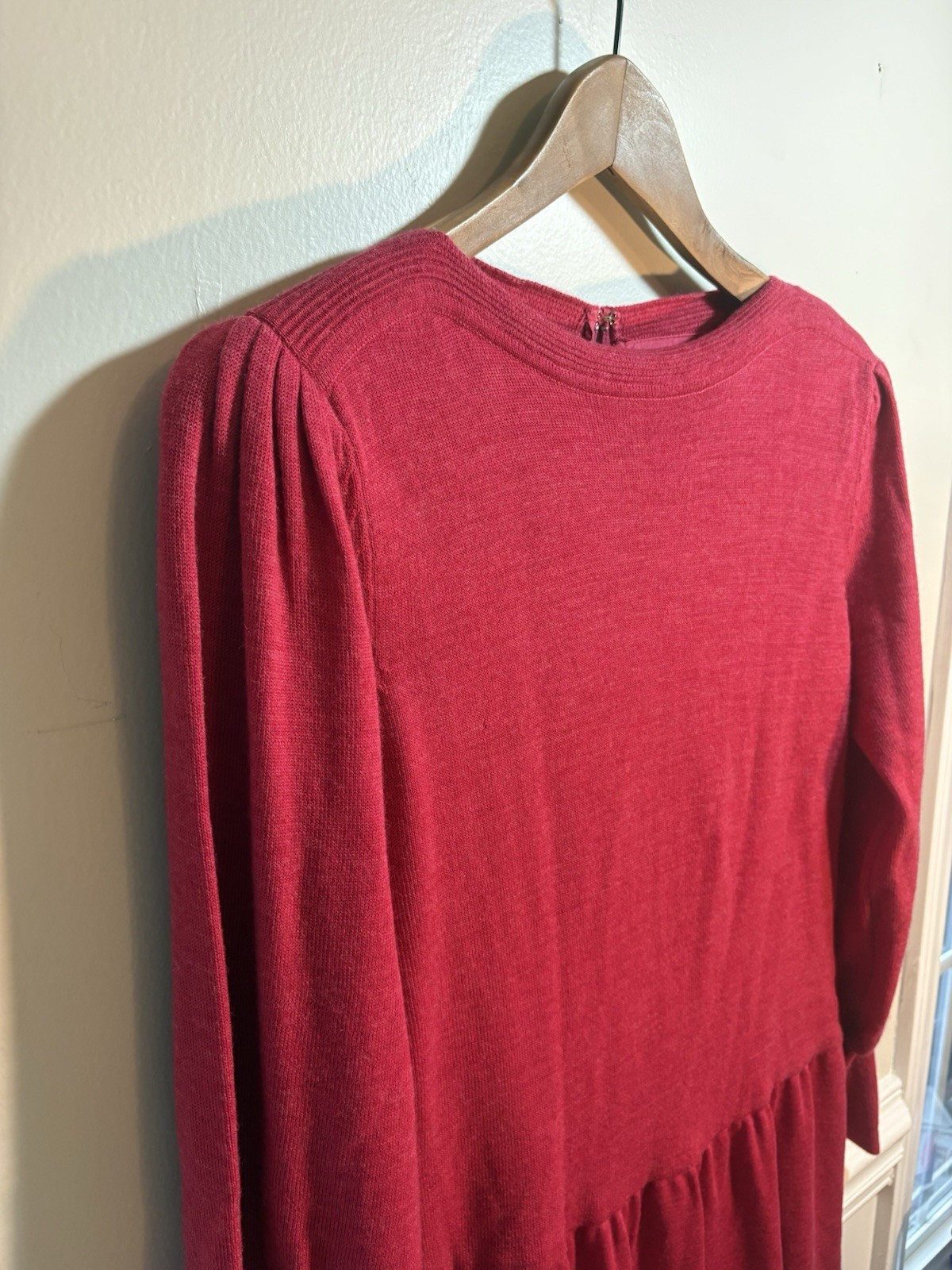 Vintage Ciao Ltd 100% Pure Wool Sweater Dress Pink Red Lined Puff Sleeve 80s