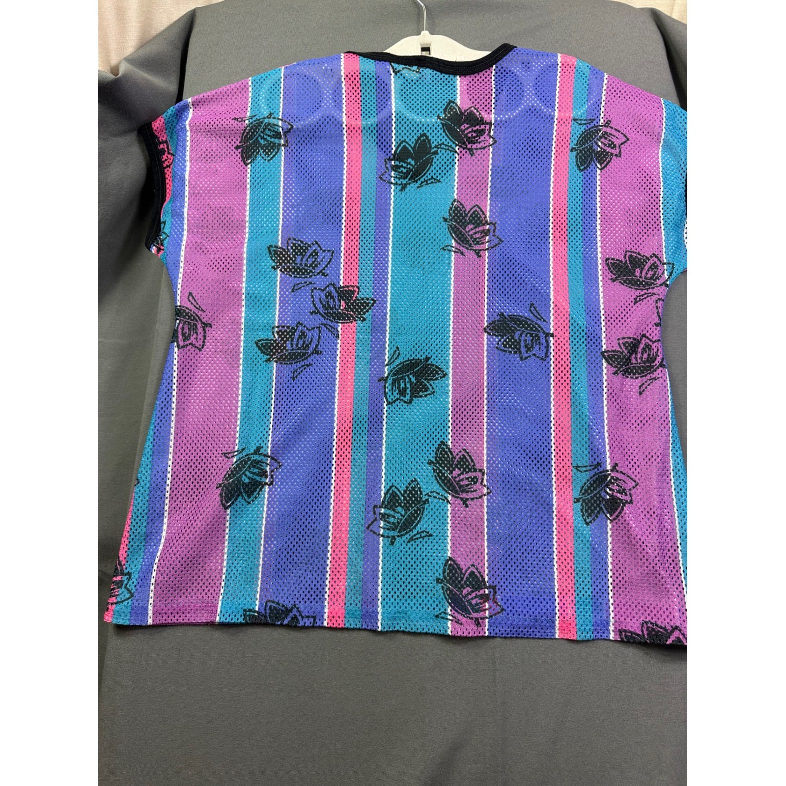 Vintage Julie Girl Mesh Butterfly Stripe V-Neck Top Made in USA Retro 90s Teal