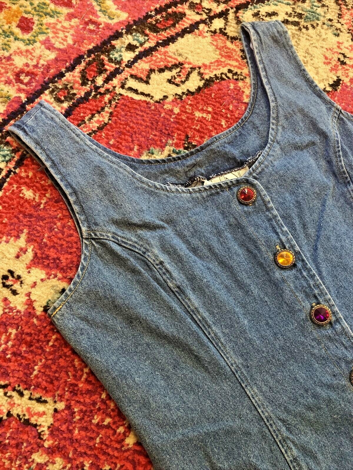 Vtg In Charge Sz L Denim Jumper Sleeveless Jewel Button Down Dress HO