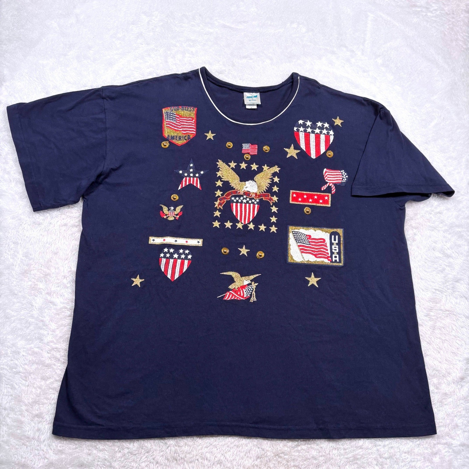 VTG 90s Shirt Women 3X Navy Blue Patriotic 4th July MADE USA Eagle Flag Stars