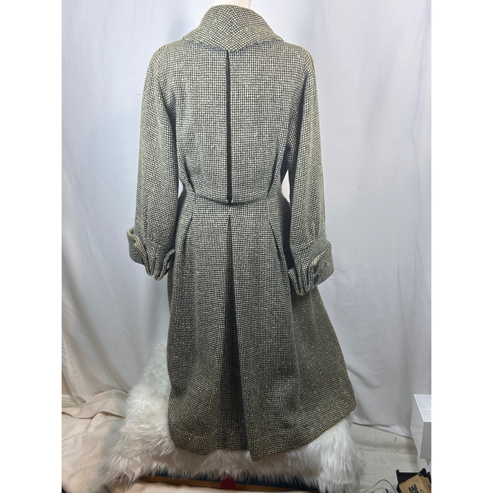 Vintage Great Britain Black White Tweed Wool Maxi Coat Long Trench Jacket Womens