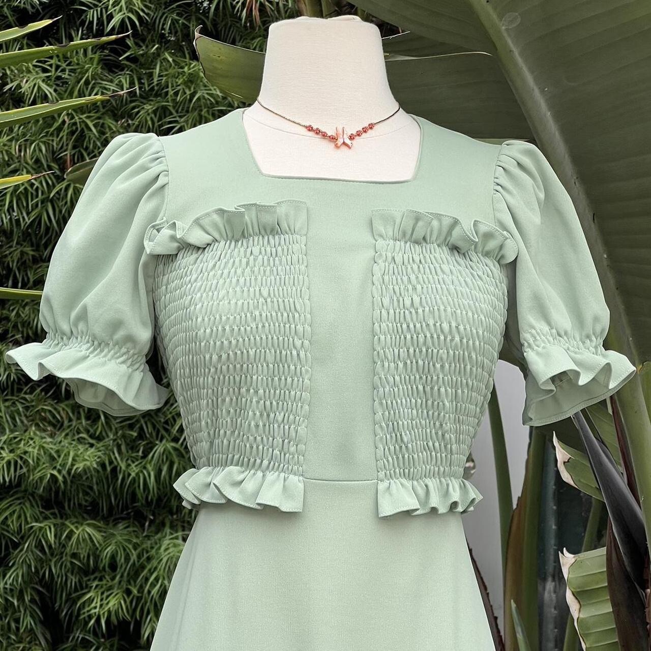 Vintage 1970s Green Olive Mint Long Maxi Dress Prairie Hippie Cottage Core Dress