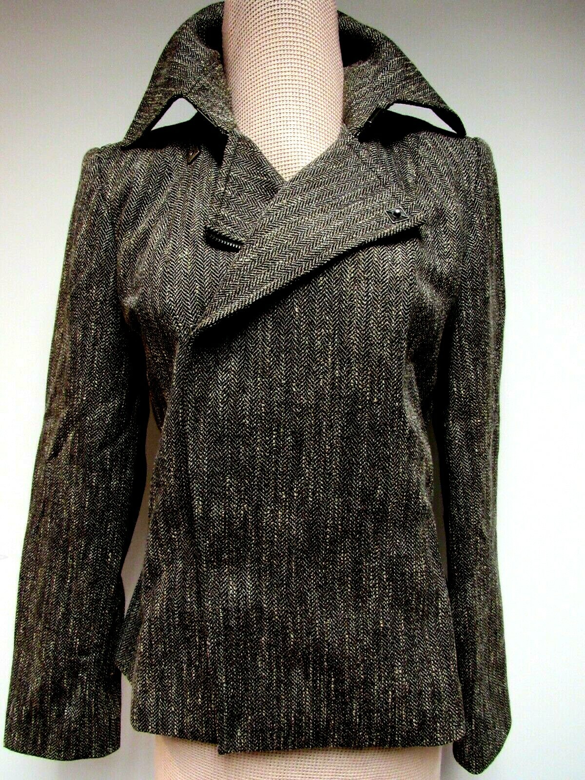 VTG COMPANY ELLEN TRACY Wool Blnd Jacket Biker Style Zipper Harris Tweed Gray 6