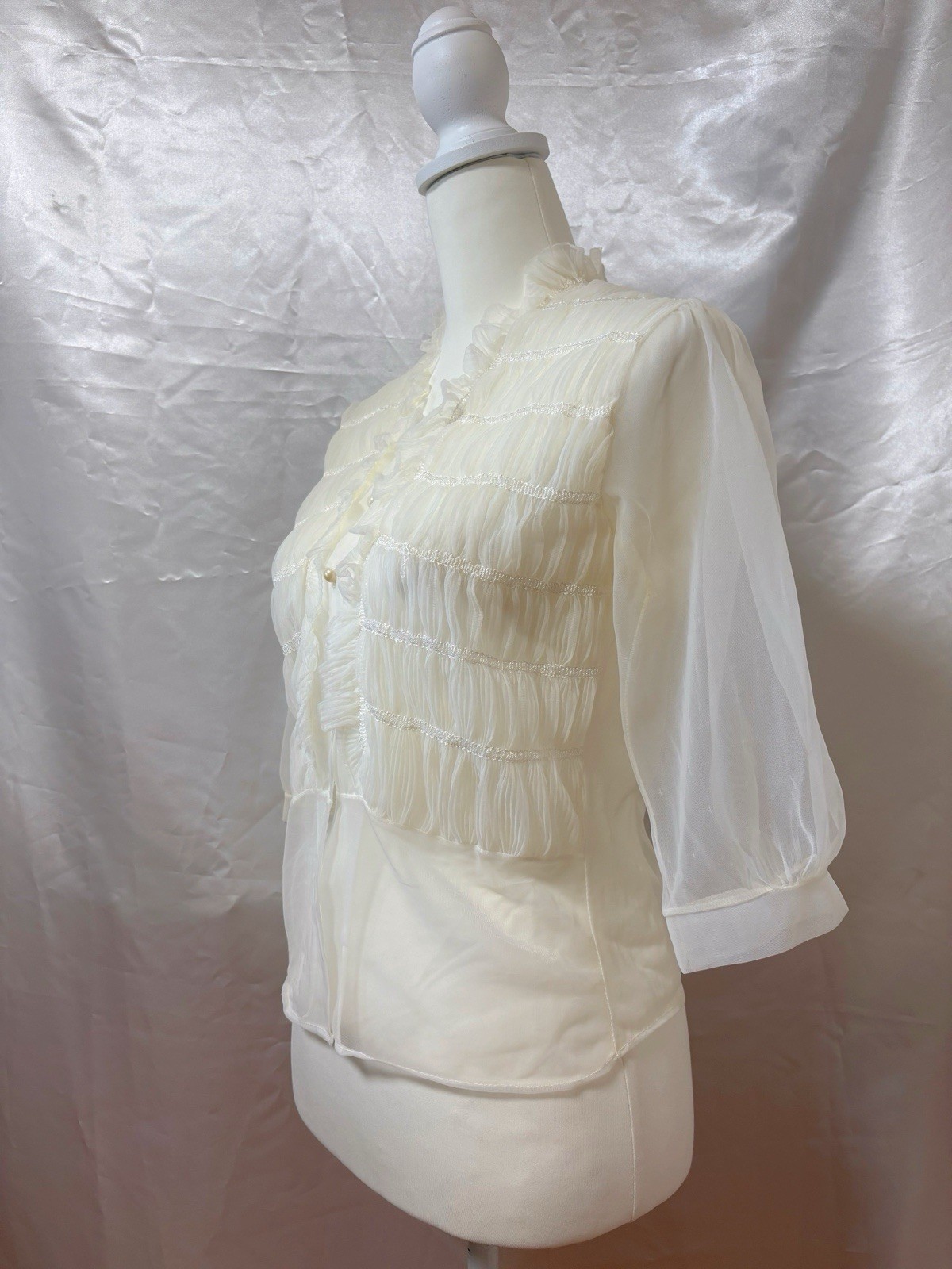 Vintage 60s 70s Nylon Chiffon Ruffled Blouse Lingerie Sheer Top Peplum USA Made