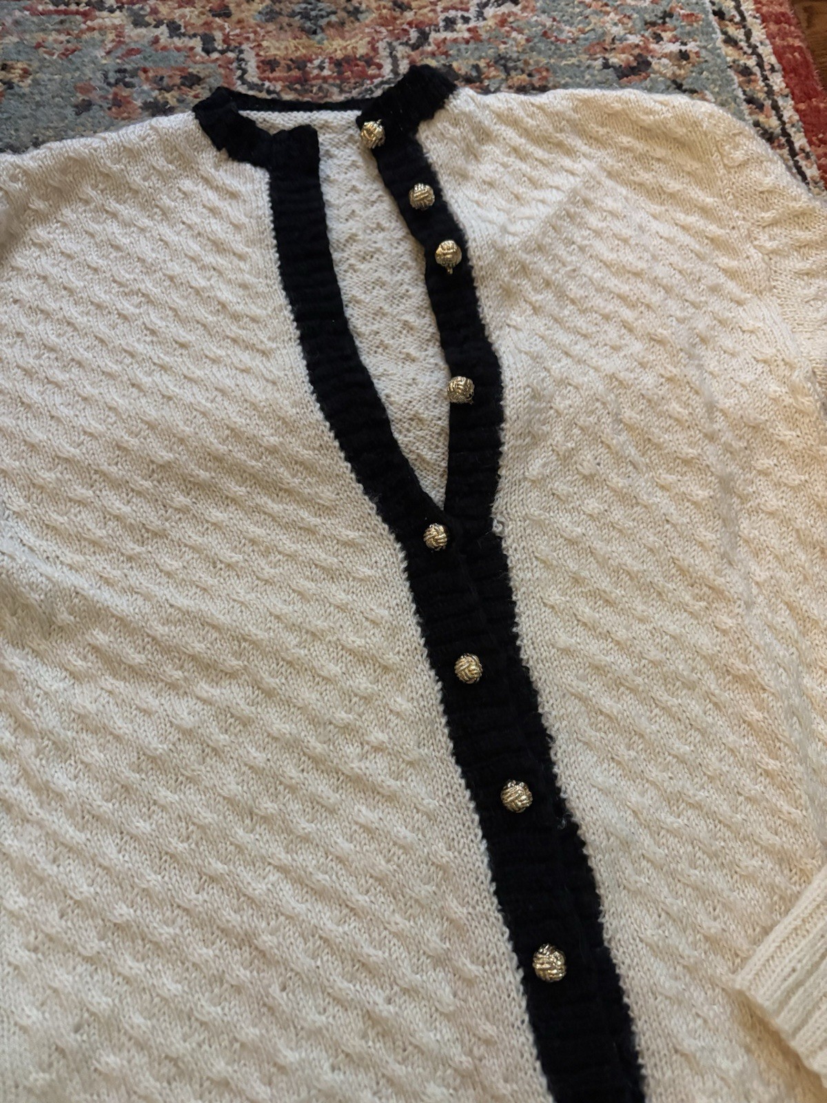 Vintage Wool Blend Knit Cardigan With Gold Buttons White And Black