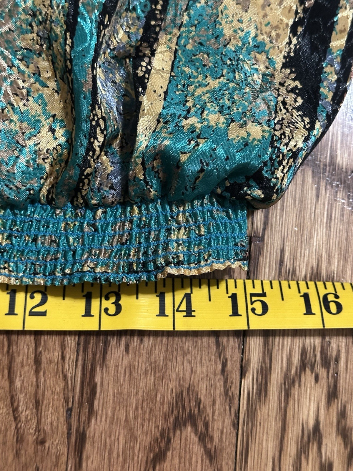 Vintage Da-Rue Of California Teal Gold Long Sleeve Elastic Waist Blouse Med?