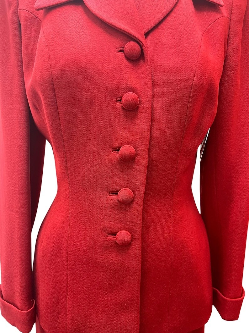 1940’s 1950’s Vintage Red Wool Gabardine Suit Lilli Ann Style Amazing Peplum