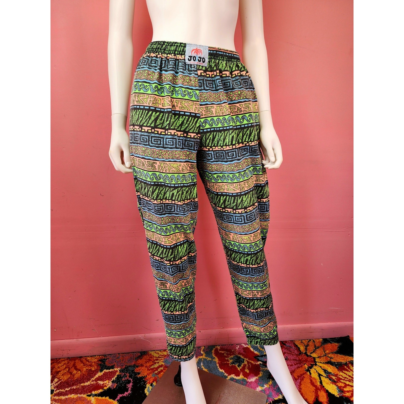 Vintage 1980’s/1990’s JoJo Green Pink Abstract Surfer Muscle Parachute Pants