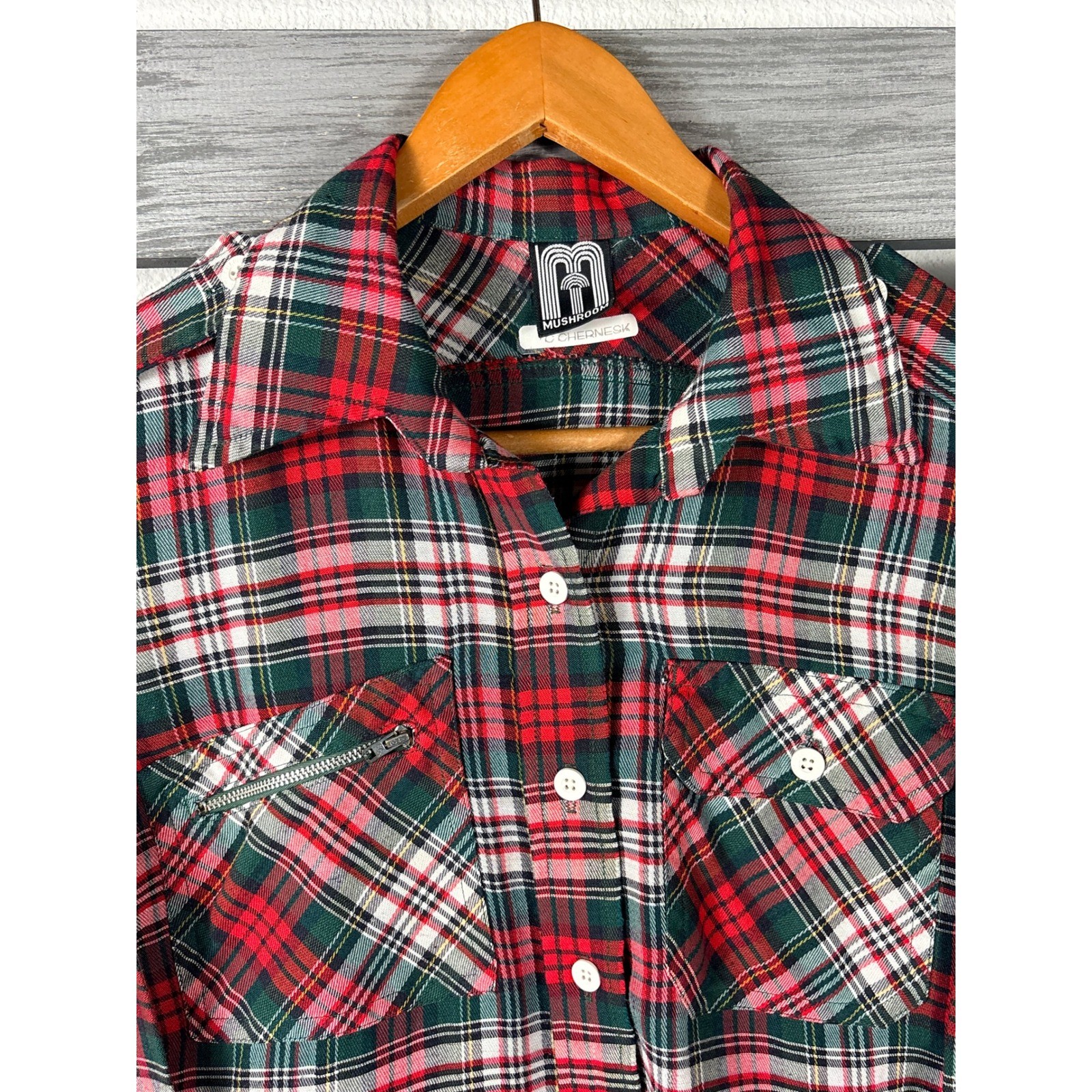 Vintage 70s Rockabilly Plaid Button Down Shirt Red Epaulets Zip Pocket Womens M