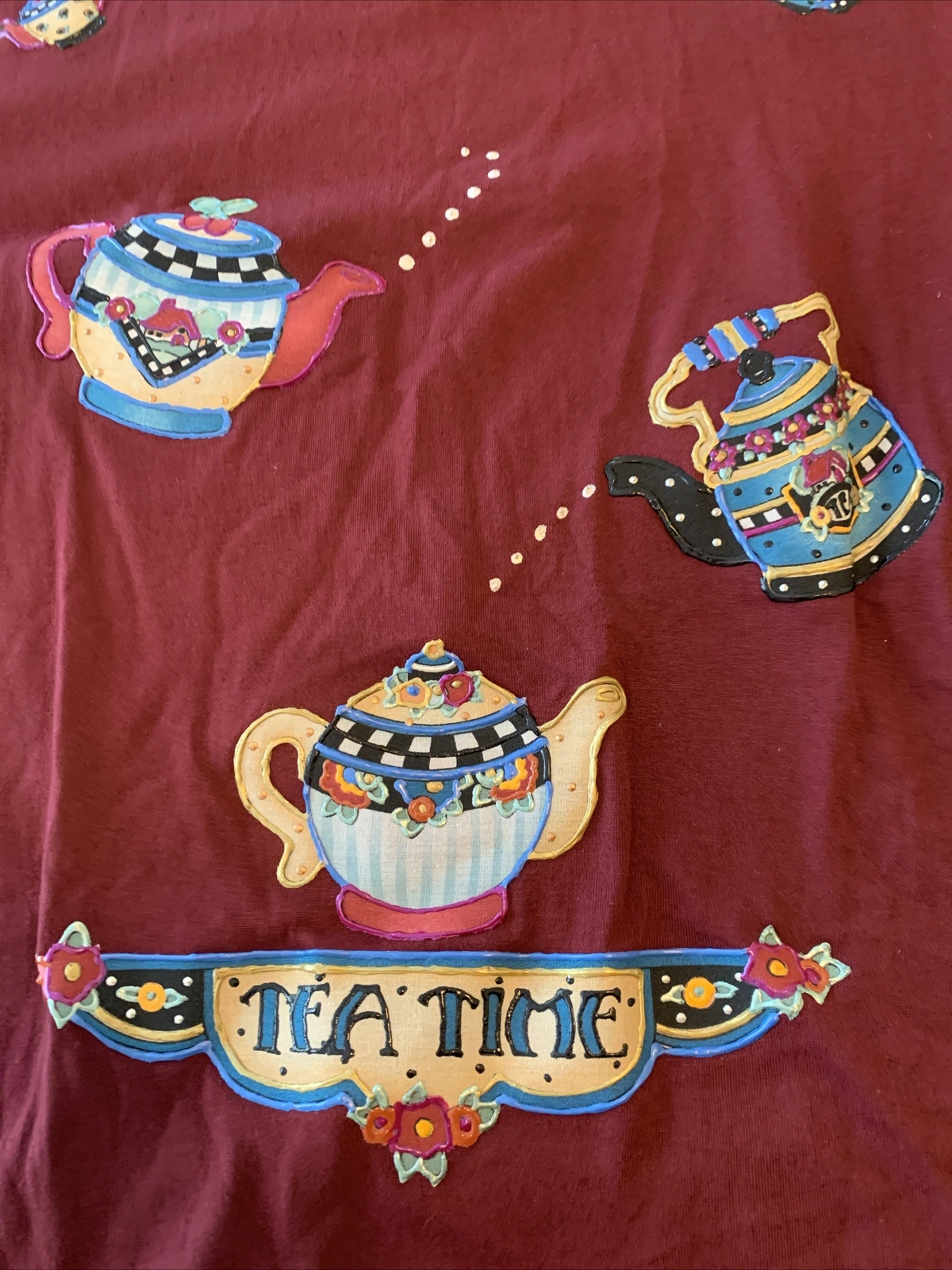 VTG Granny Core Graphic Tea Pots Jerzees L 80s Puffy Paint T Shirt