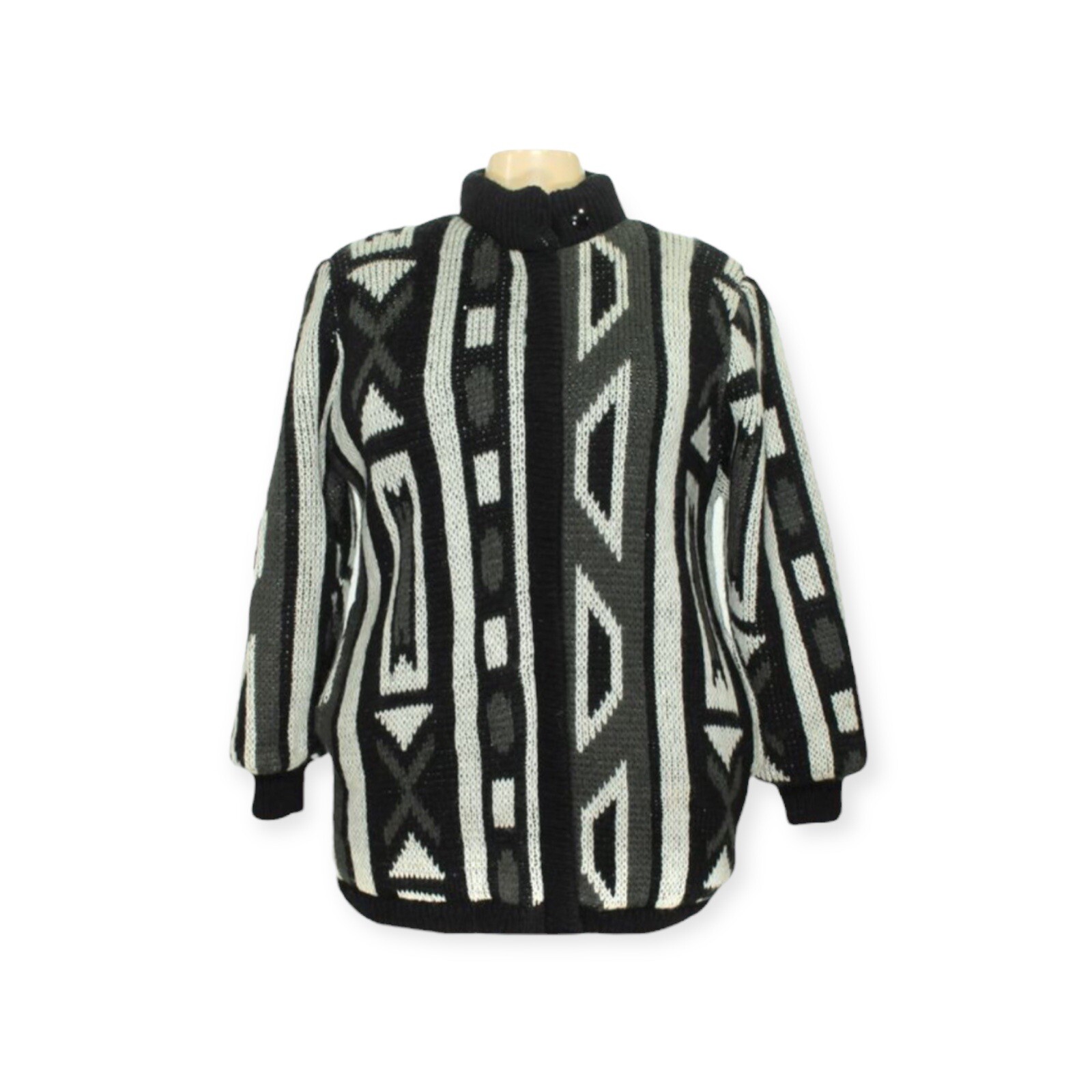 Learsi Vintage Geometric Knit Sweater Coatigan Women Large Black White 80s Retro