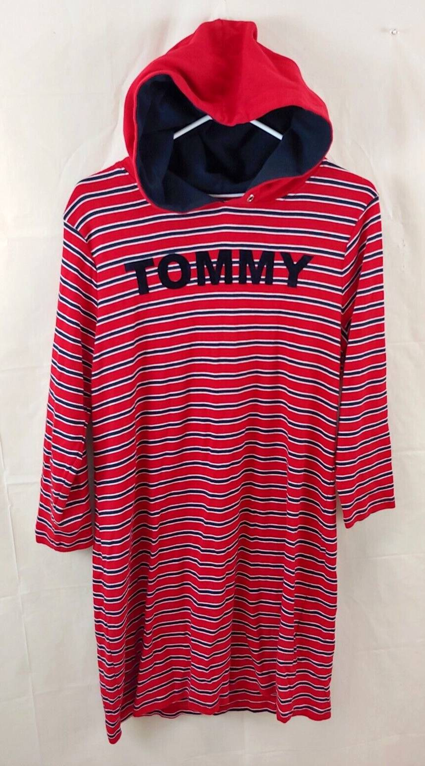 Vtg Tommy Hilfiger Dress Large Y2k Spell Out Hooded Shirt Red Striped Cotton