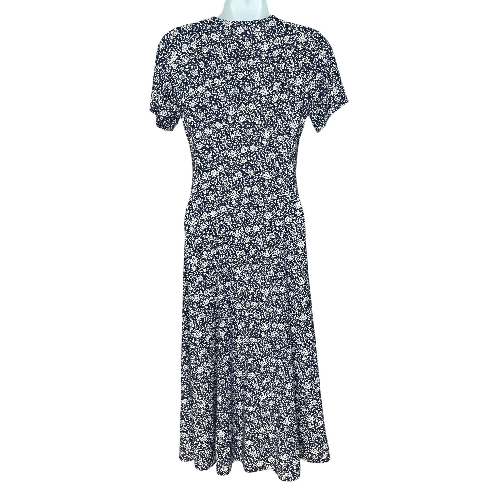 Vintage Paris Sport Club Dress Navy Floral Midi Faux Pearl Button Juniors Size 3