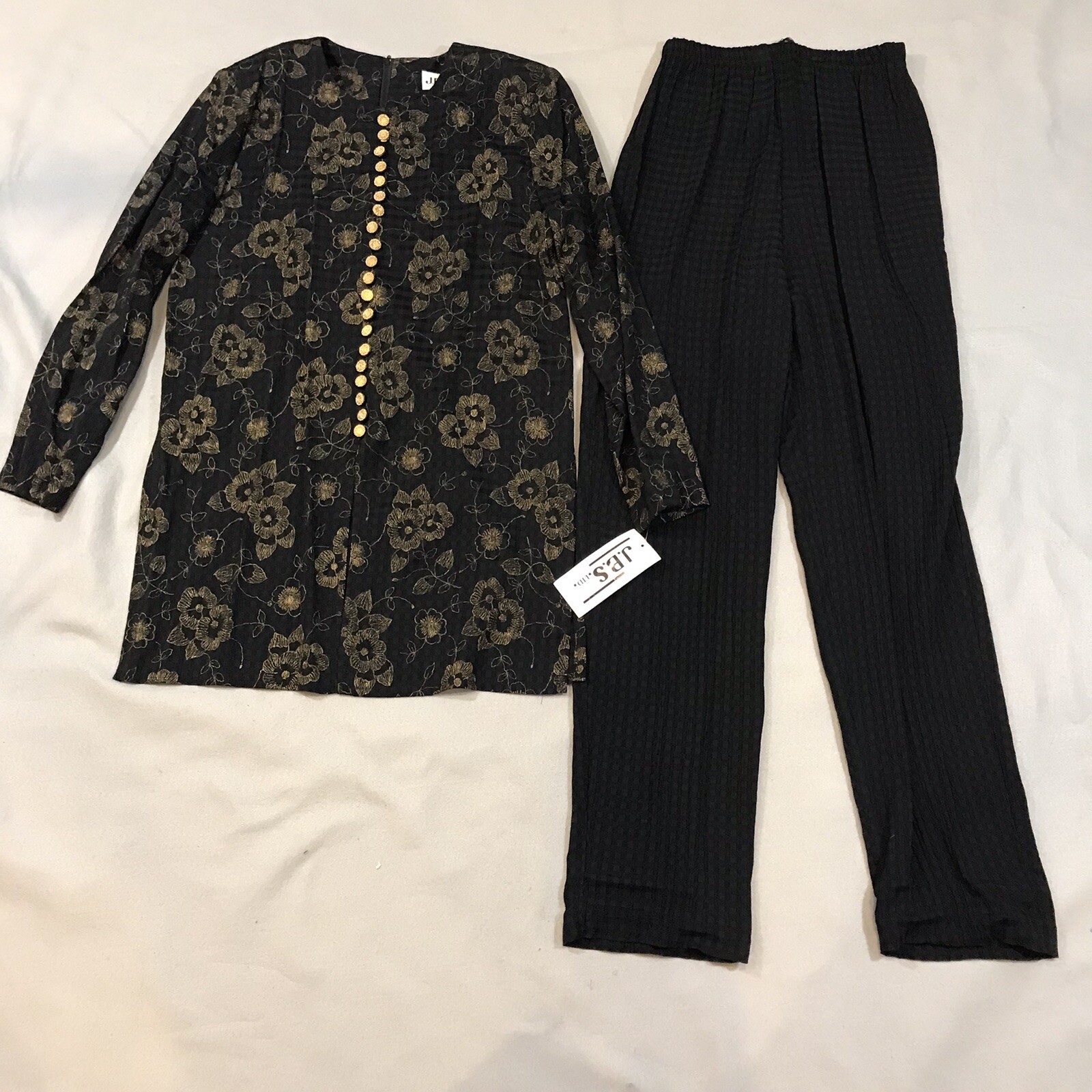 Vtg JBS LTD Womens Tunic Top Pant Set 2 Pc Gold Black Floral USA NOS Tags Size 8