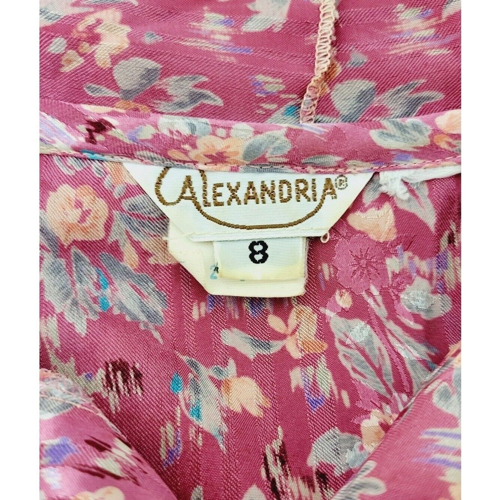 VTG 70s Pink Abstract Floral Neck Bow Puff Balloon Sleeve Satin Striped Blouse