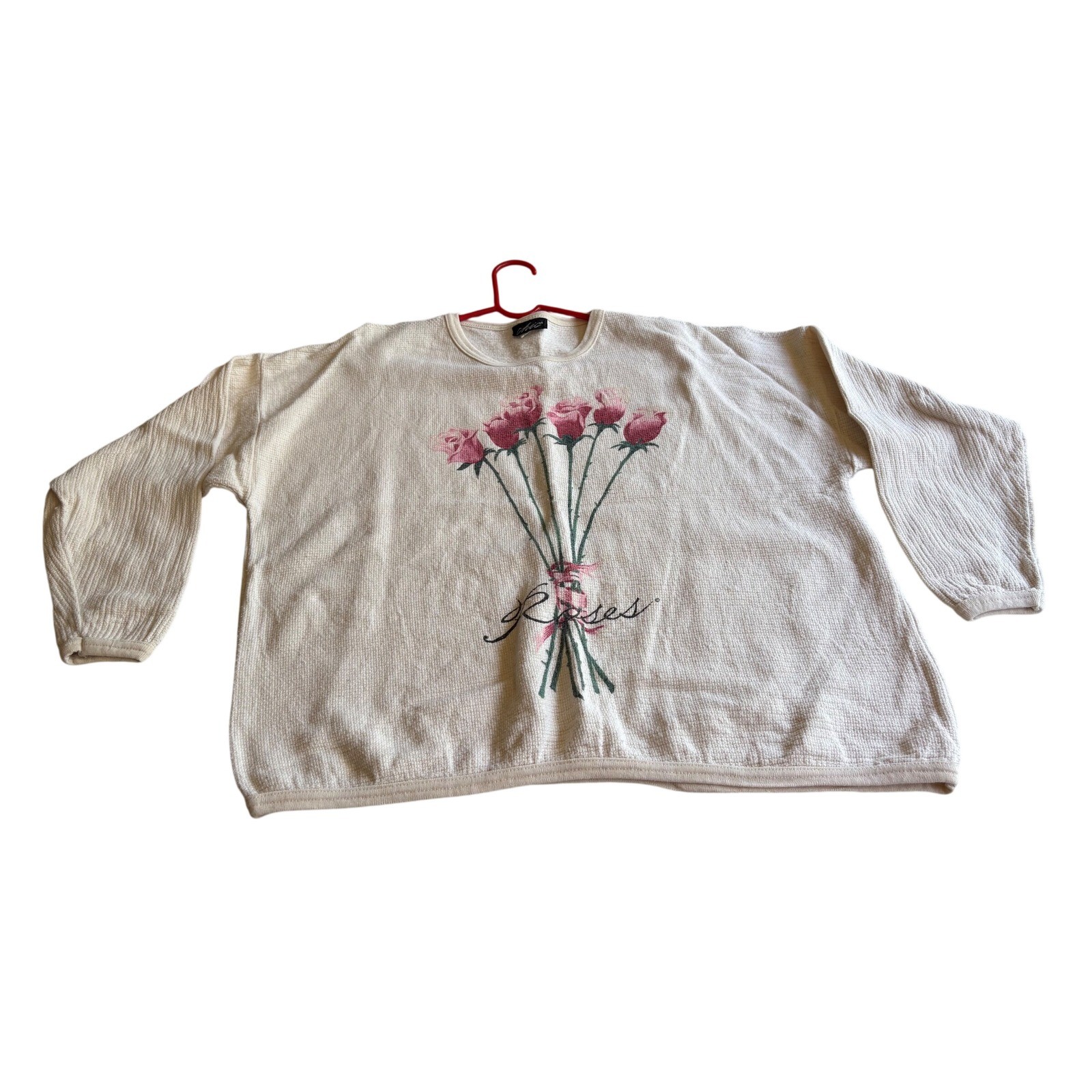 Vintage Chic Roses Waffle Knit Pullover Top Cream Cotton Floral Size L XL 90s