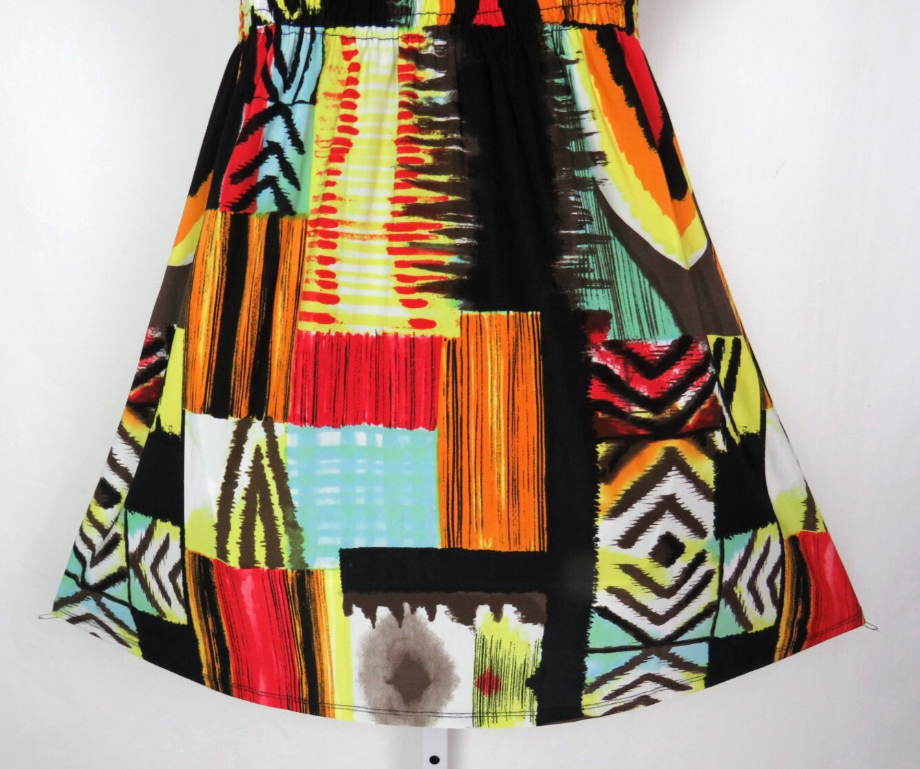 VTG 1990s MOD ABSTRACT COLOR BLOCK STRETCH DRESS OVERLAP BUST 30″ to 36″