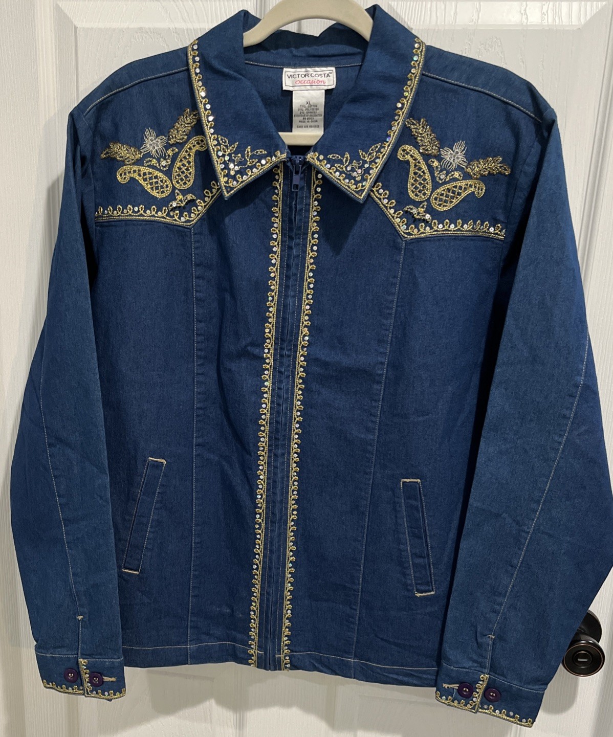Victor Costa Occasion Vintage 1990s Jacket XL Blue Denim Embroidery Sequins NEW!