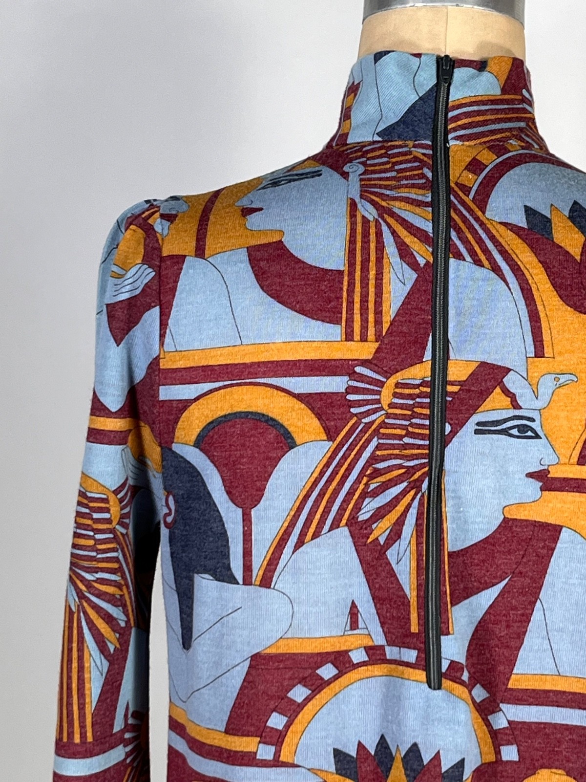 Vintage 1960’s-70’s blue EGYPTIAN print medium-weight knit top by Add 1 Ltd. S/M