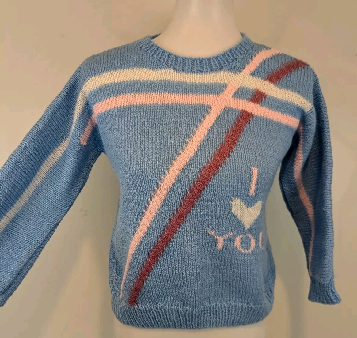 Vtg Handmade Wool Sweater I Love You OOAK Jrs Womens XS S Petite Blue Handknit