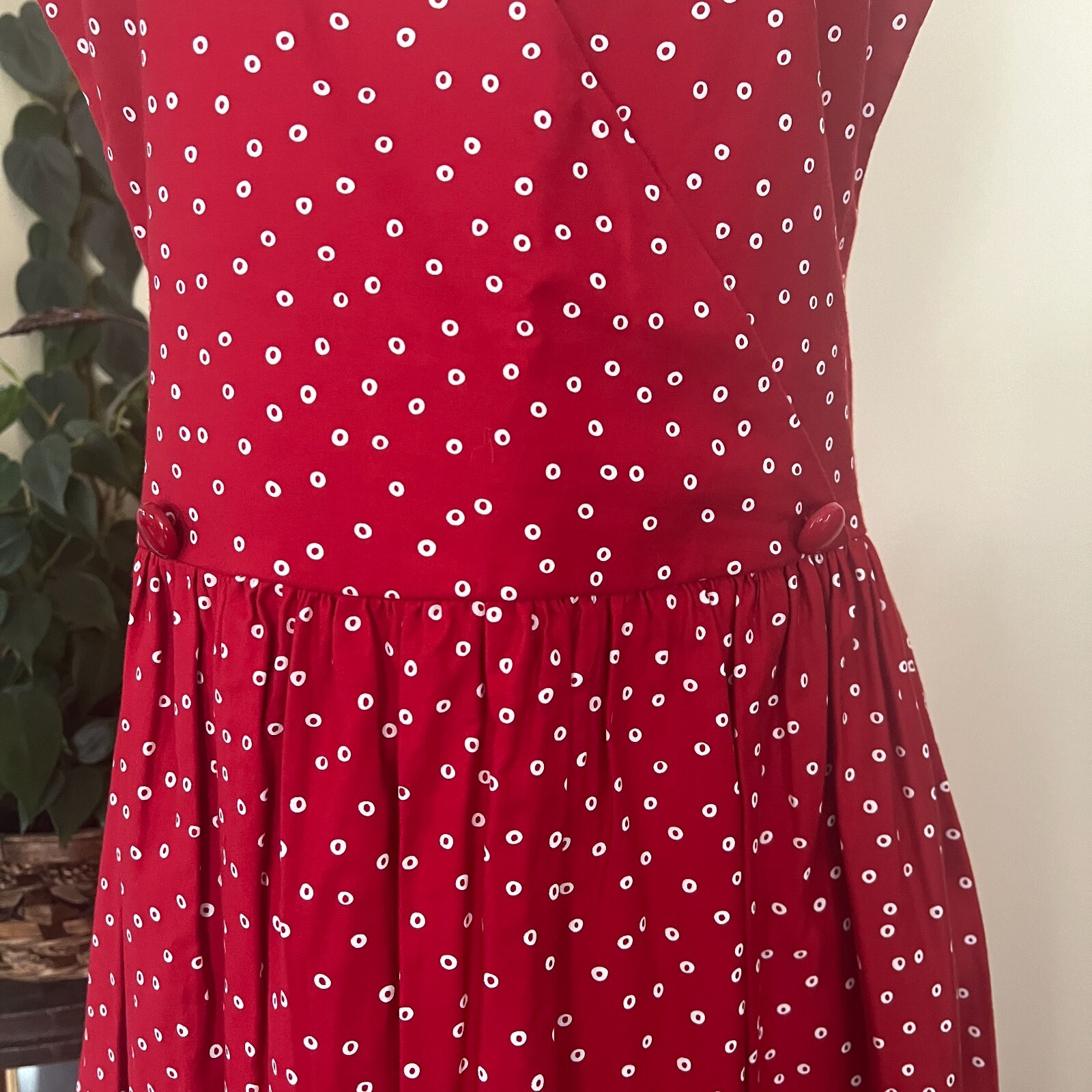 J Jill Red Polka Dot Dress Vintage 90s Surplice Neckline 100% Cotton sz M
