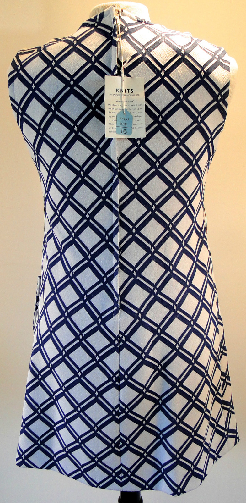 Deadstock Vintage 1960s Lawson Knits Blue White Graphic Print Mod Shift Dress 16
