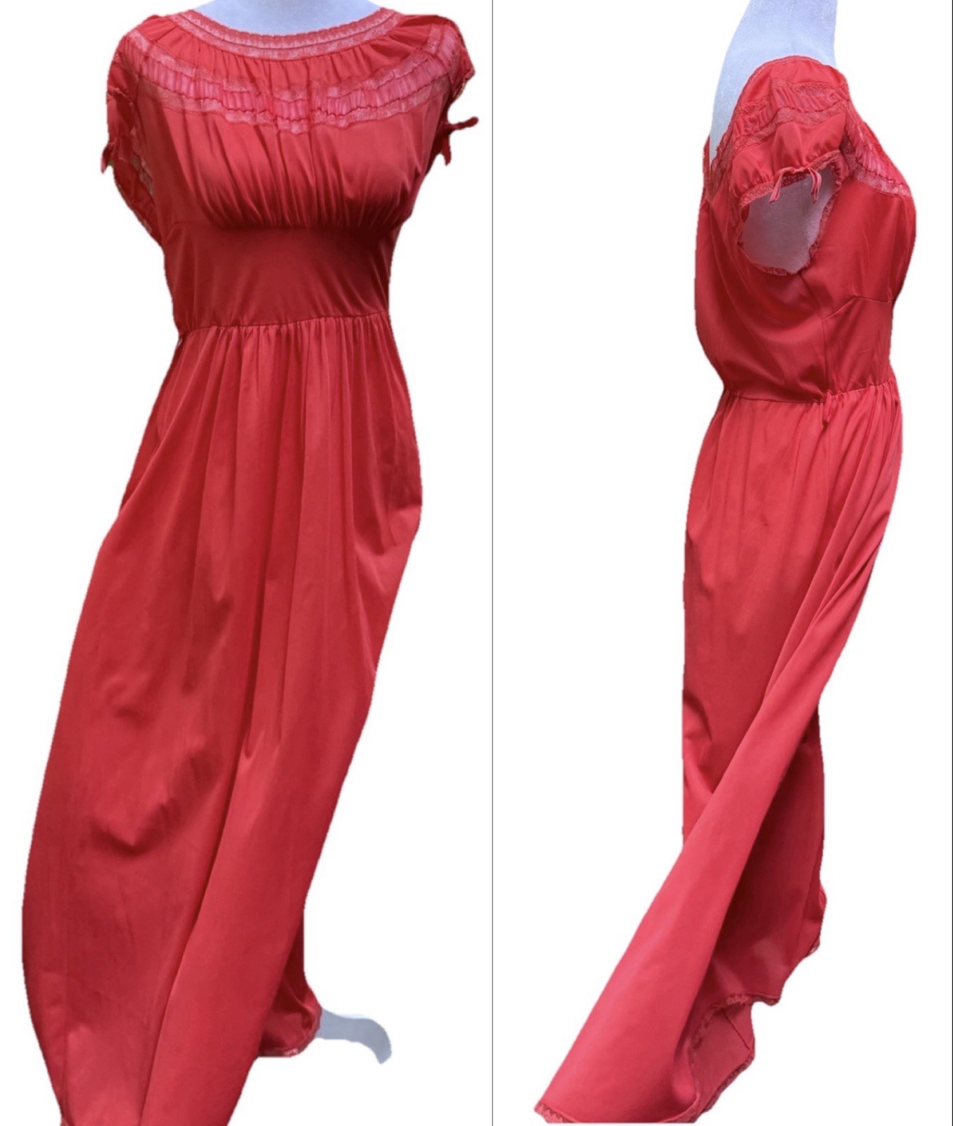 Vtg 60s Nightgown Chiffon Pleat Maxi Empire Goddess Siren Red Lace Nylon M 36 38