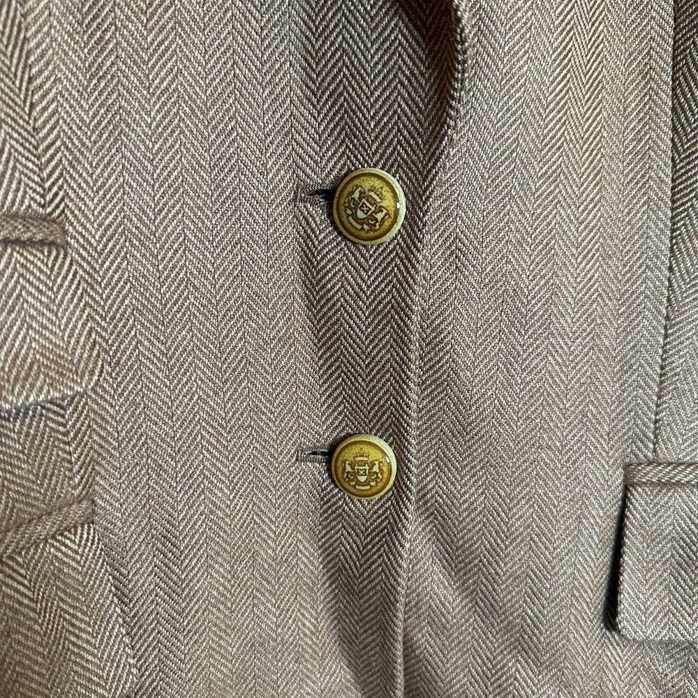 Escada Cashmere Silk Brown Herringbone Blazer Gold Button Suede Vintage Sz 34 S