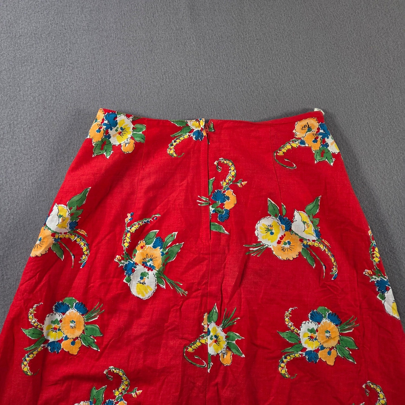 Vintage Floral Skirt Womens 28″ Red Maxi Flare Lace Trim A Line Dance 80s