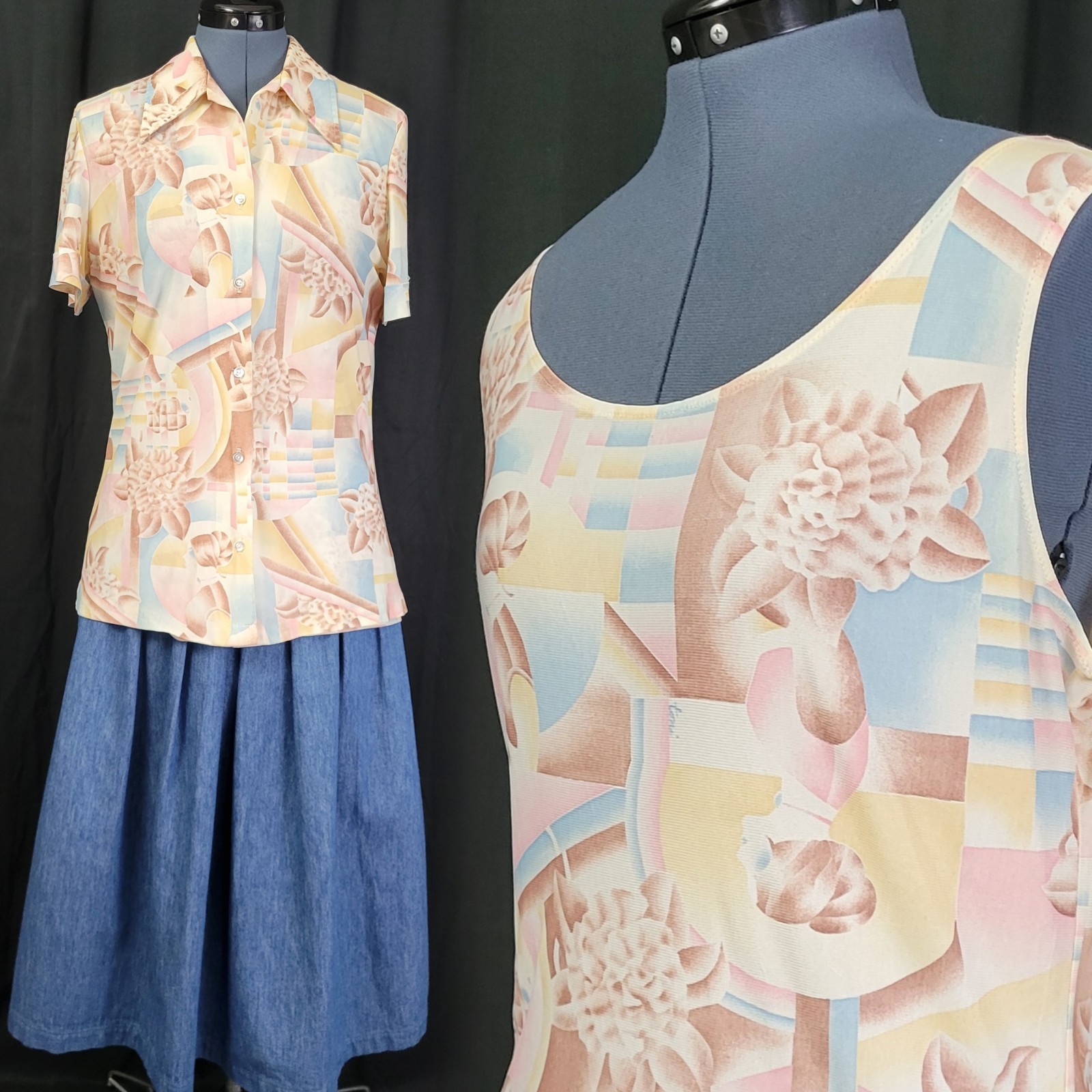 Vintage Shell & Button Down Top Set in Pastel Pink/Blue/Cream/Tan Size 15/16