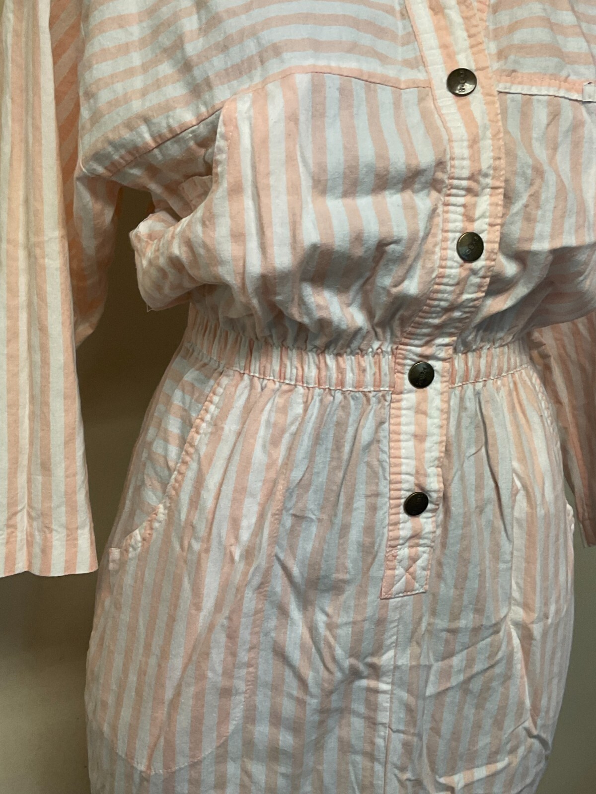 1980s Pink and White Striped Pop Collar Dress with Pockets by Ideas Size Medium