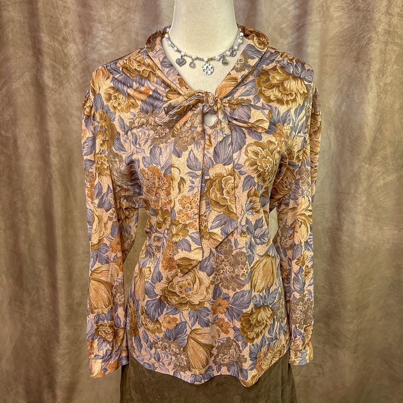Vintage 70s Polyester Blouse Floral Tie Neck Earthy Multicolor Retro Disco