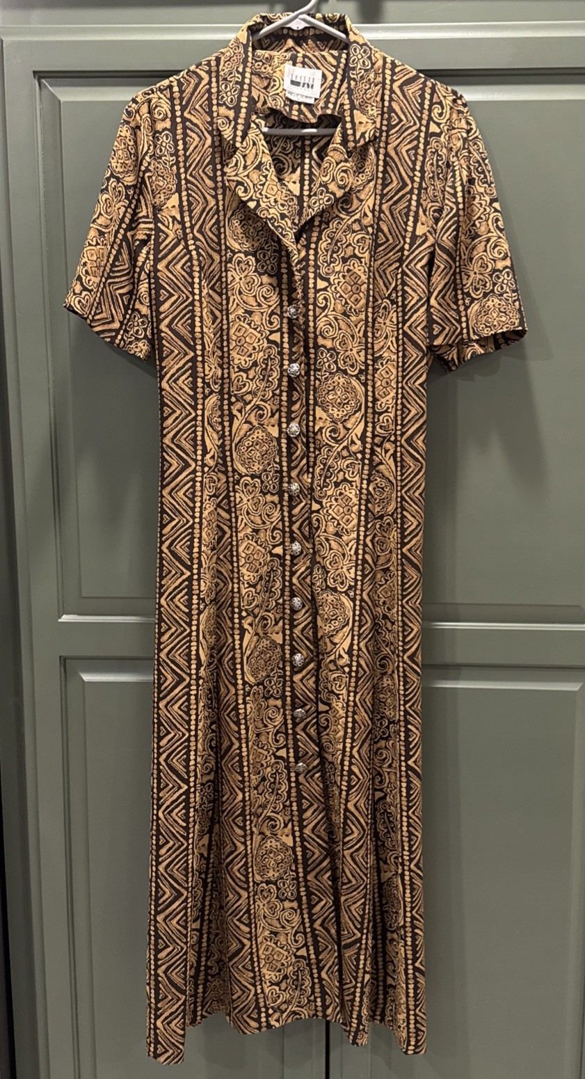 Leslie Fay Vintage 90s Maxi Dress Size 16 Black/Brown Geometric Paisley