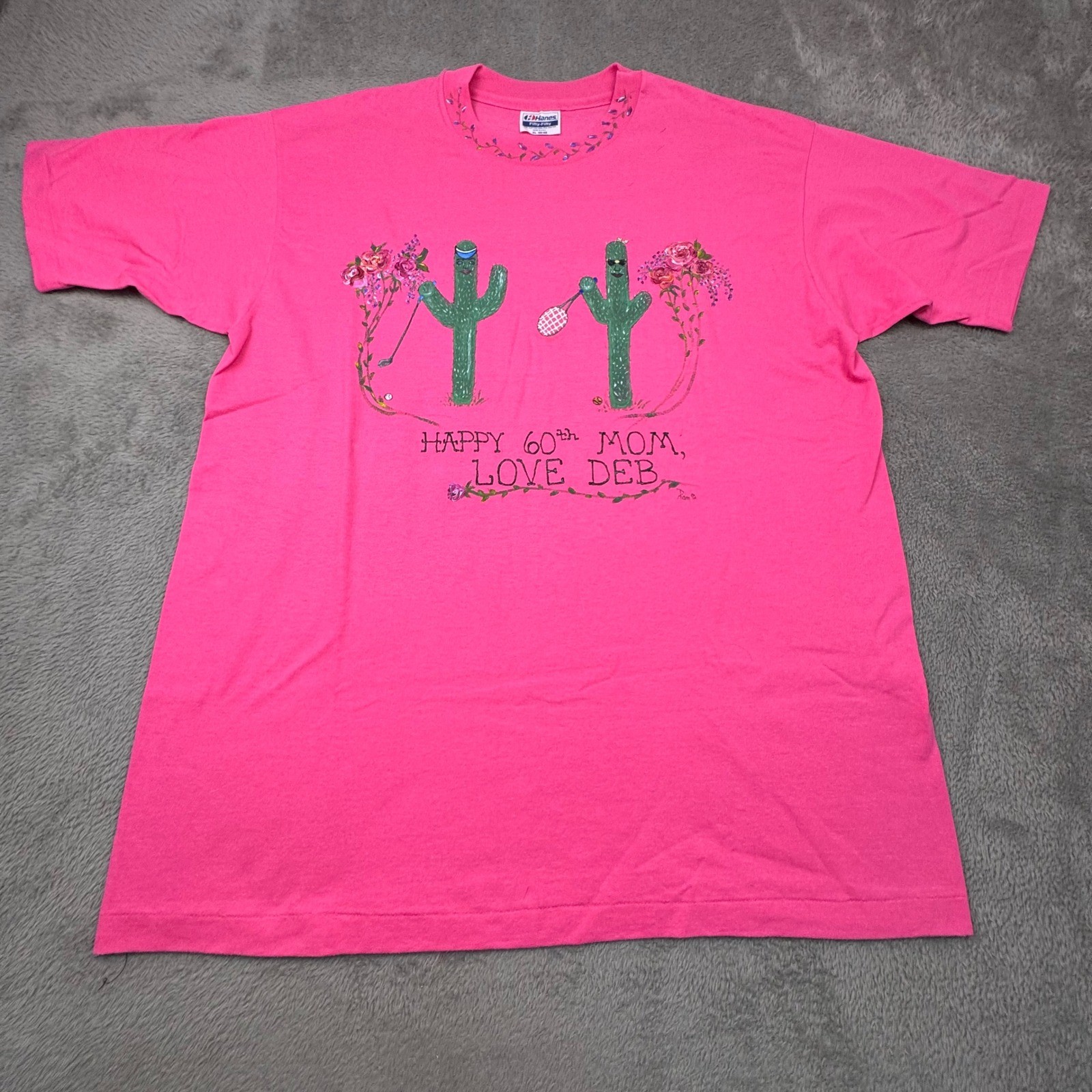 Hanes Graphic T-Shirt Womens XL Pink Excellent Vintage 90s Hand Painted Cactus